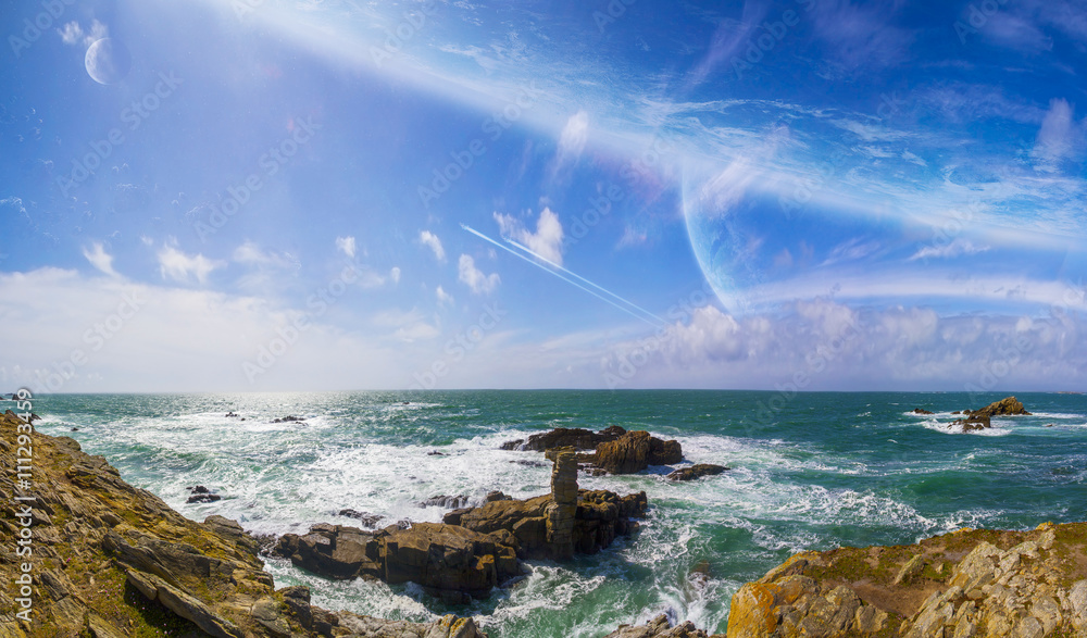 View of distant planet system from cliffs