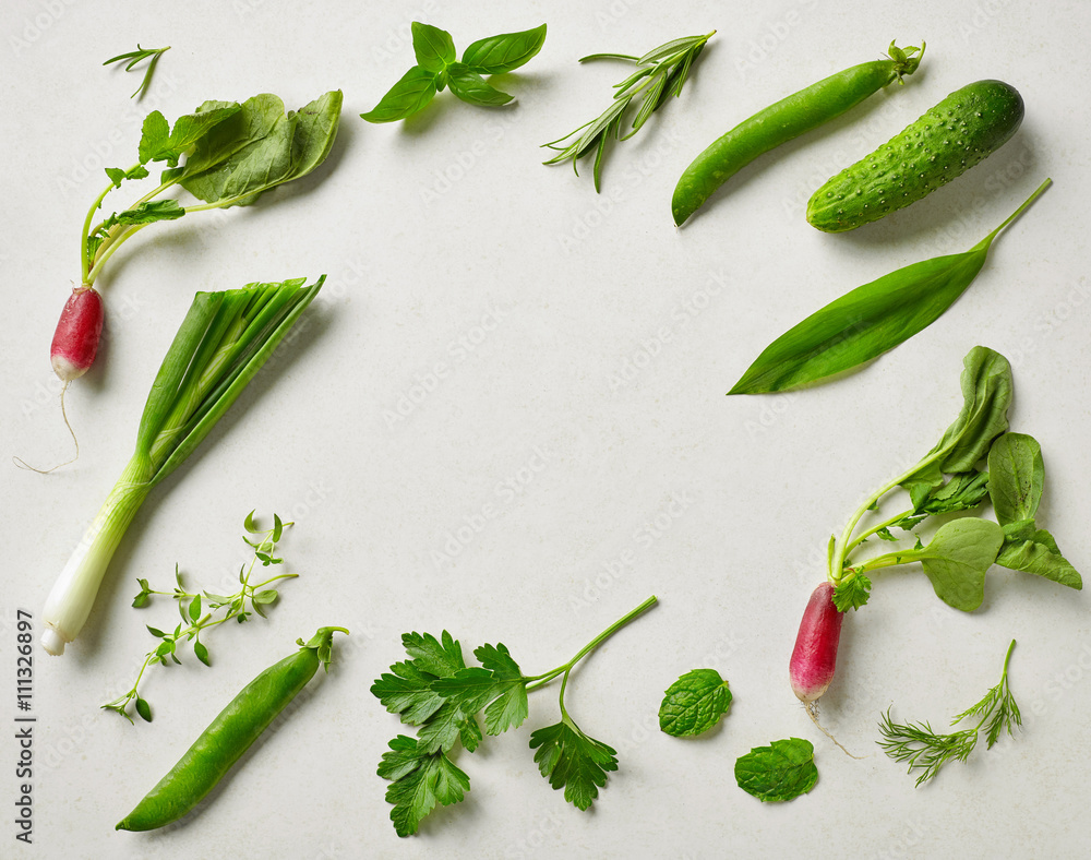 various fresh raw herbs and vegetables