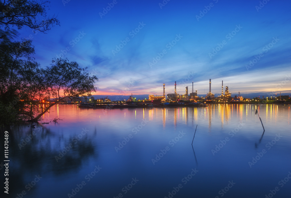 Oil Refinery with blue sky in early morning in Bangkok, Thailand. Concept of Power and Fuel, heavy i