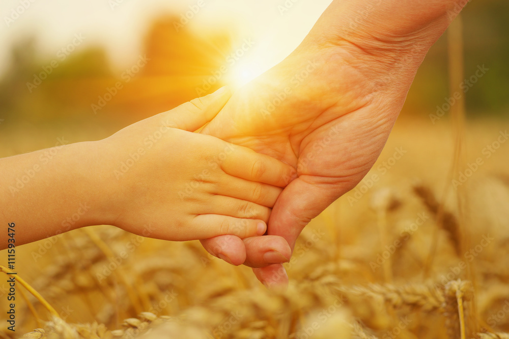 Hands of mother and daughter on sun