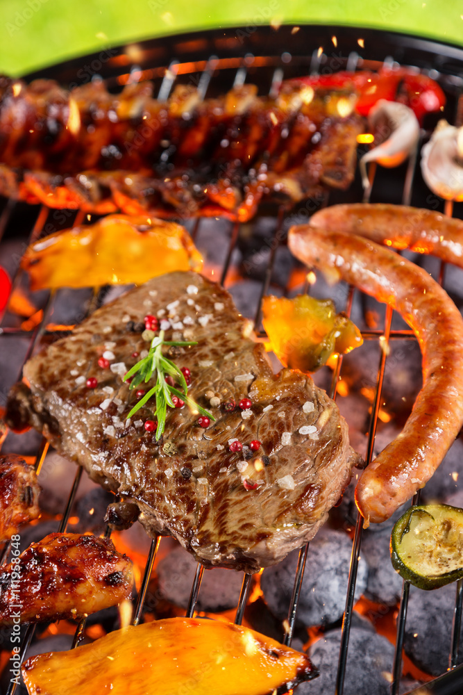 Various kind of meat served on grill