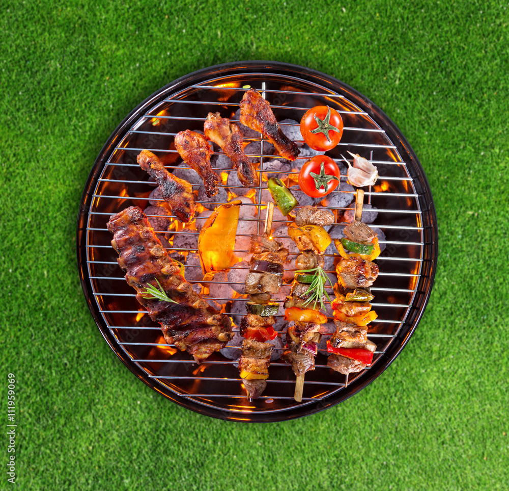 Various kind of meat served on grill