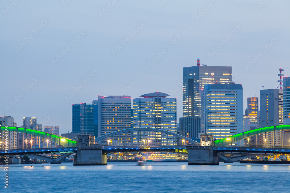 黄昏时的东京海滨城市全景