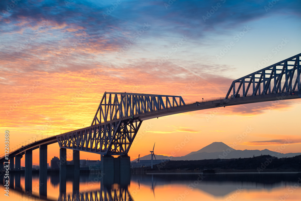 Tokyo gate bridge and Mt.Fuji at beautiful sunset in winter