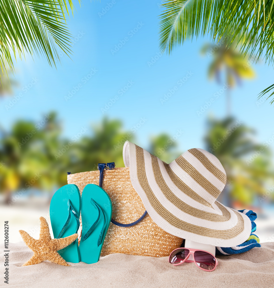 Beach accessories on tropical island