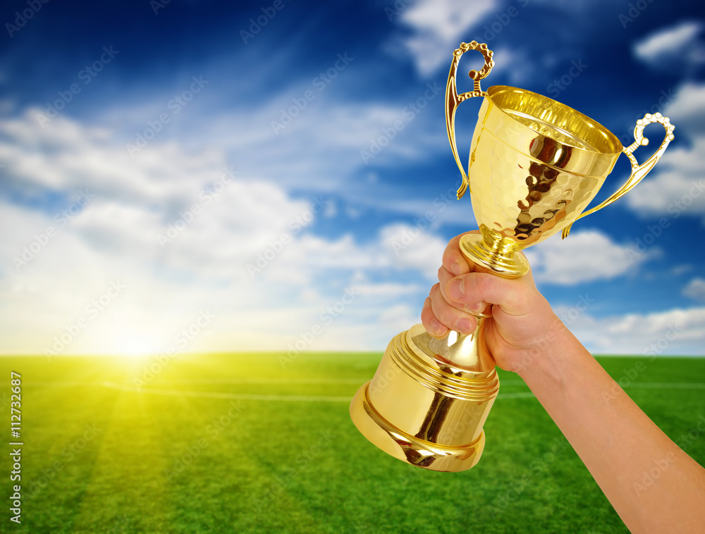 Man holding a champion golden trophy