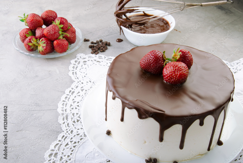 Cake birds milk on stone table. process of making chocolate