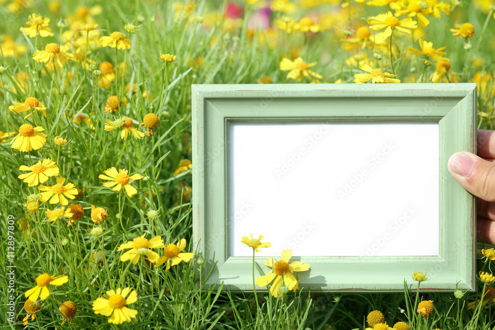 Hand holding picture frame in flower