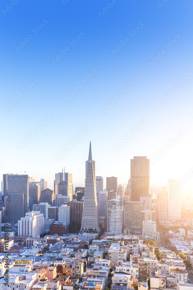 cityscape and skyline of san francisco at sunrise