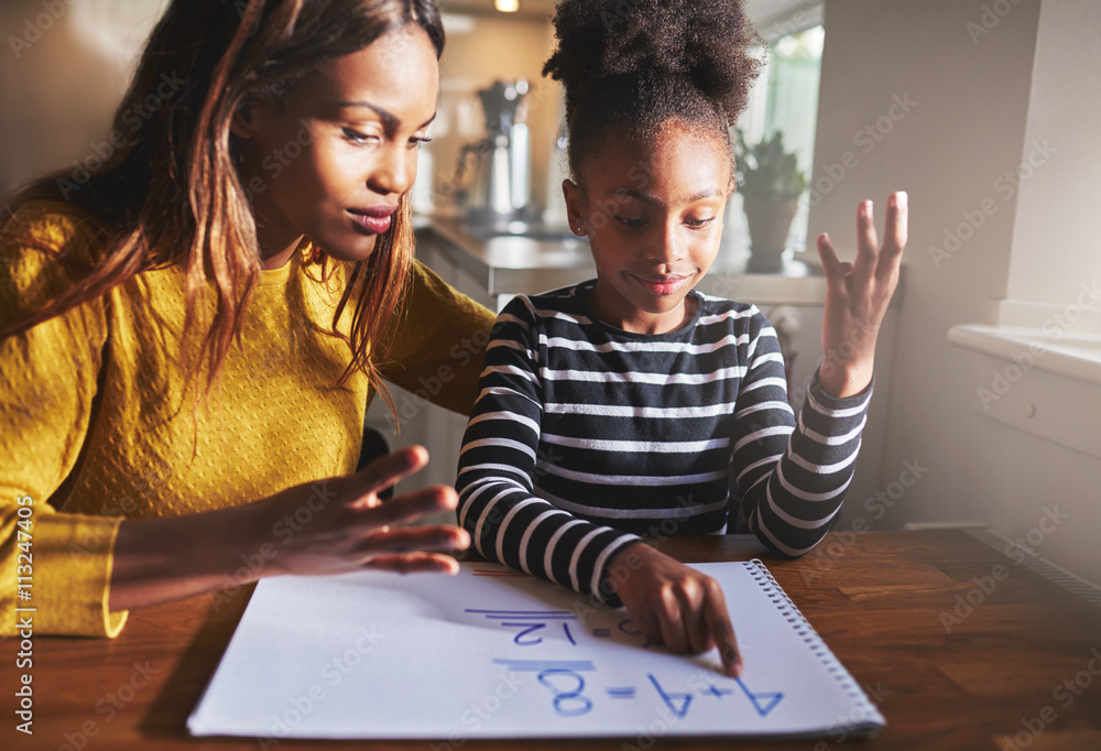 Black mom and child doing homework