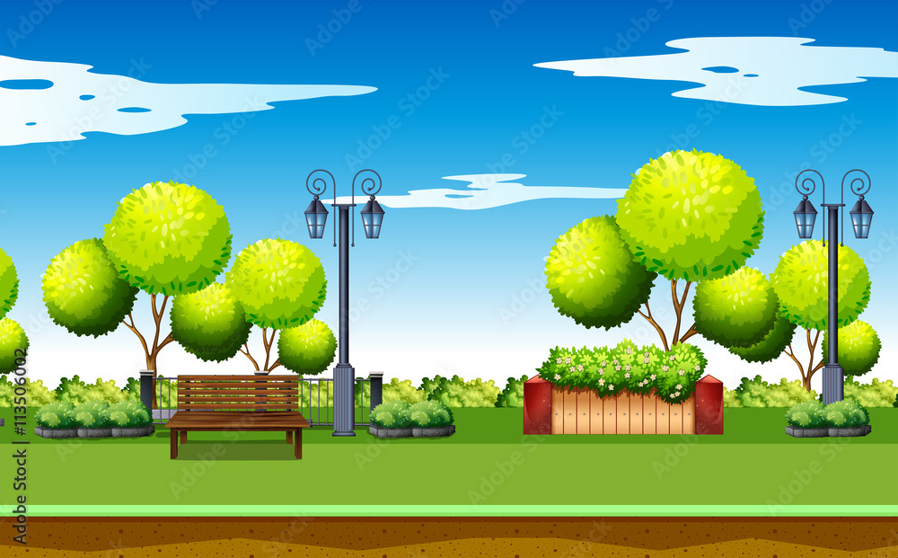 Park scene with trees and benches