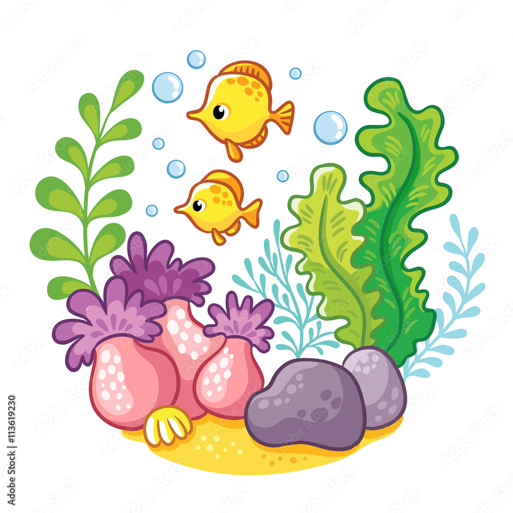 Сartoon underwater life. Vector illustration. Sea, fish, algae, corals.Cartoon concept of wildlife i