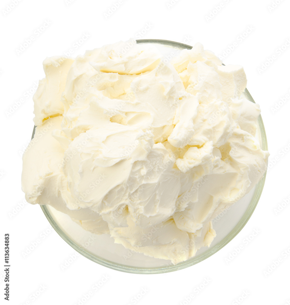 Mascarpone isolated on white background. With clipping path. Top view.