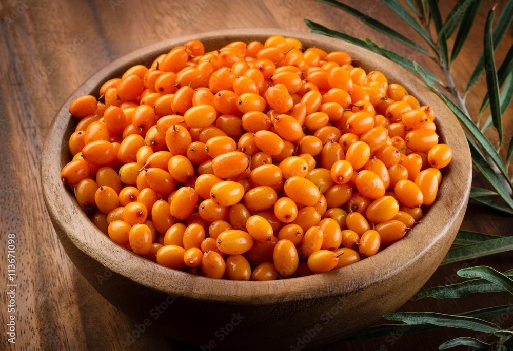 Sea buckthorn. Fresh ripe berries close up on wooden background