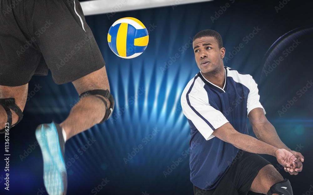 Composite image of rear view of sportsman posing while playing volleyball