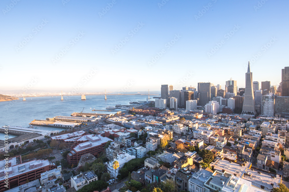 cityscape and skyline of san francisco at sunrise