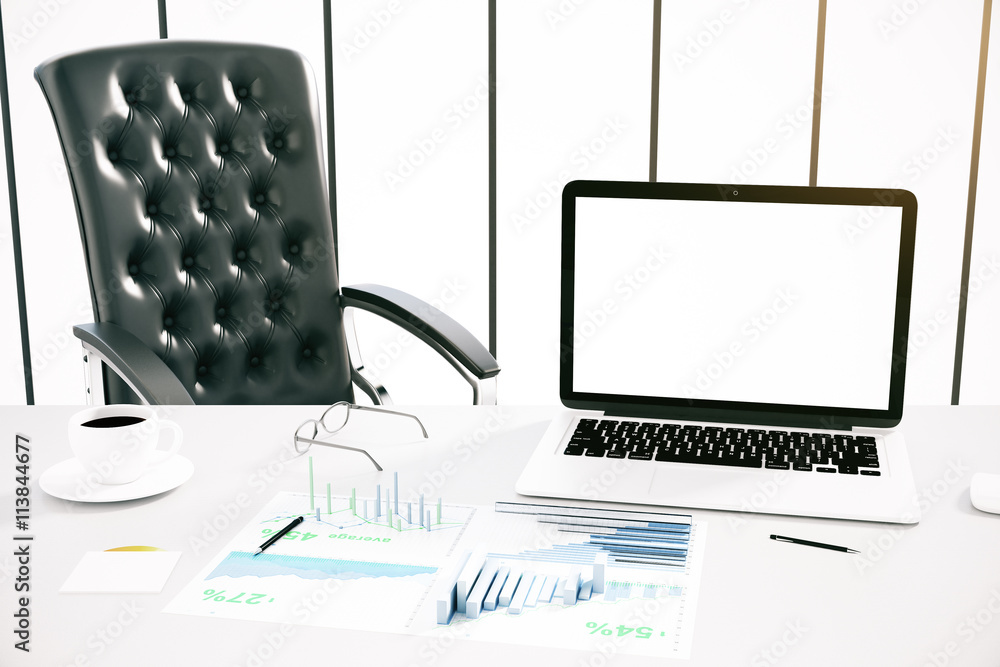 Office desktop with white notebook