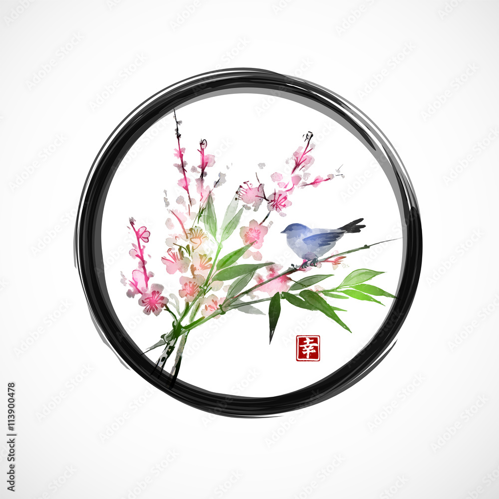 Sakura in blossom, bamboo branch and little blue bird in black enso zen circle on white background. 