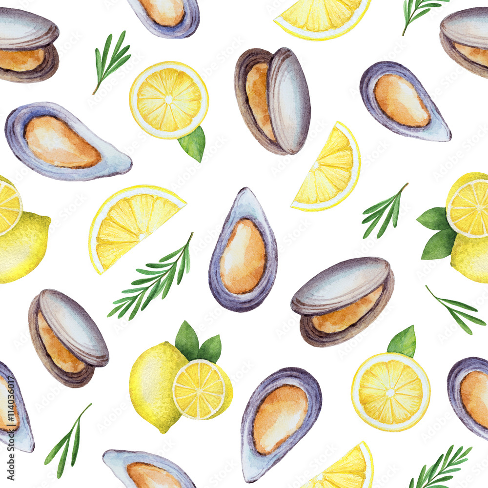 Watercolor seamless pattern with mussels, herbs, spices and citrus.