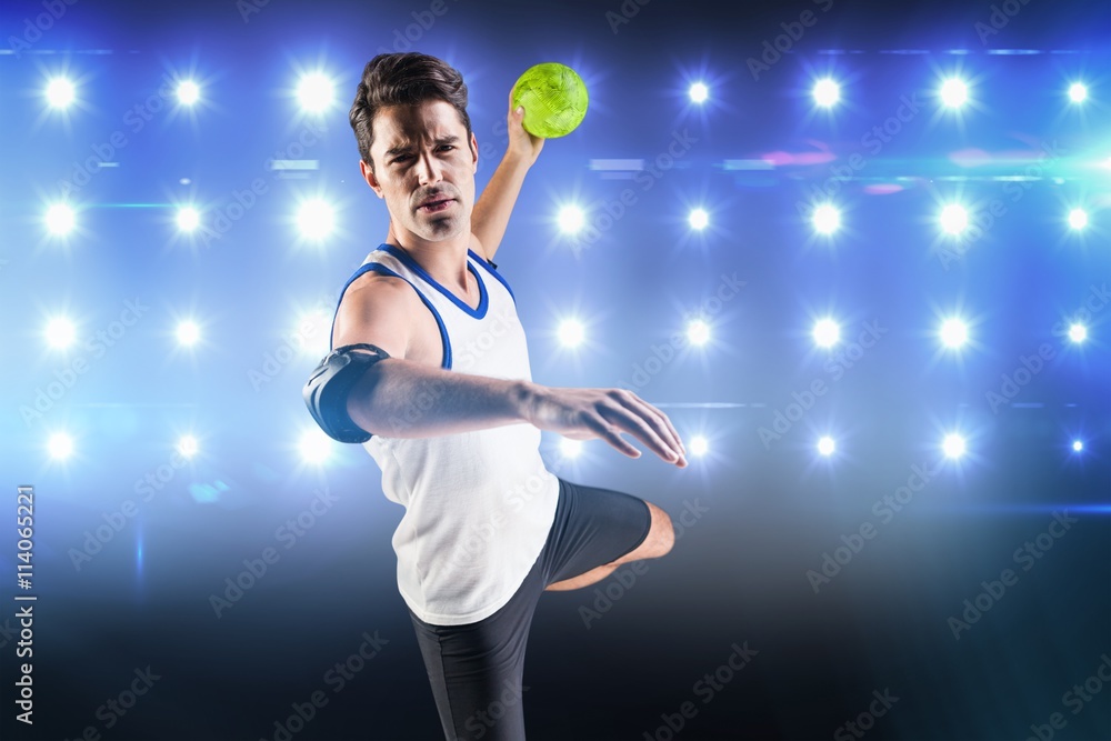 Composite image of portrait of athlete man throwing a ball 