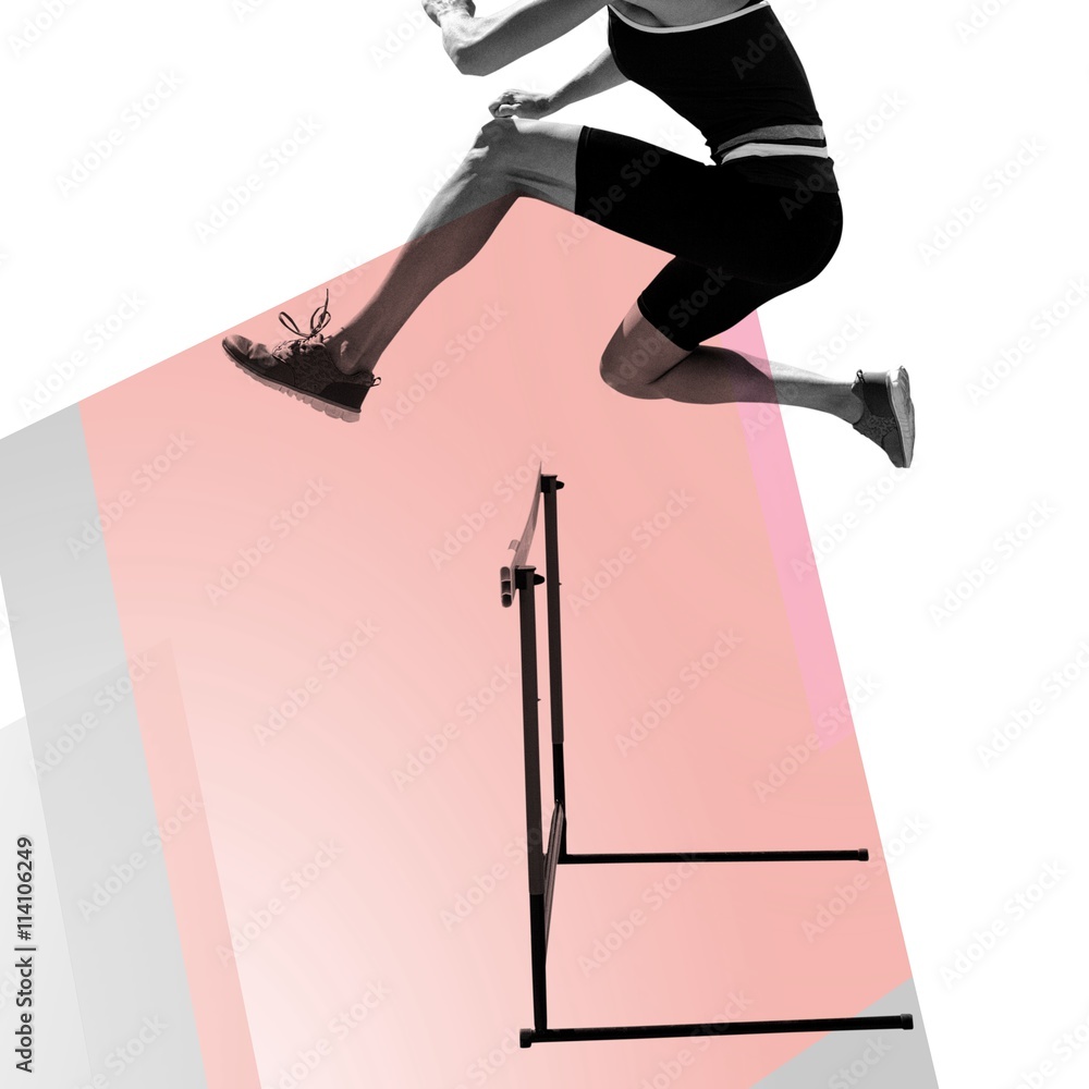 Composite image of woman practicing hurdles