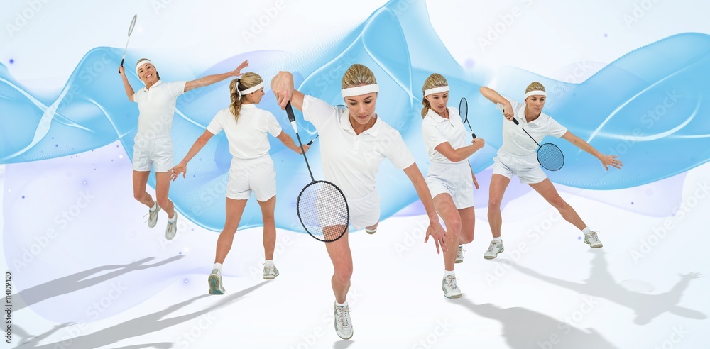 Composite image of badminton player playing badminton