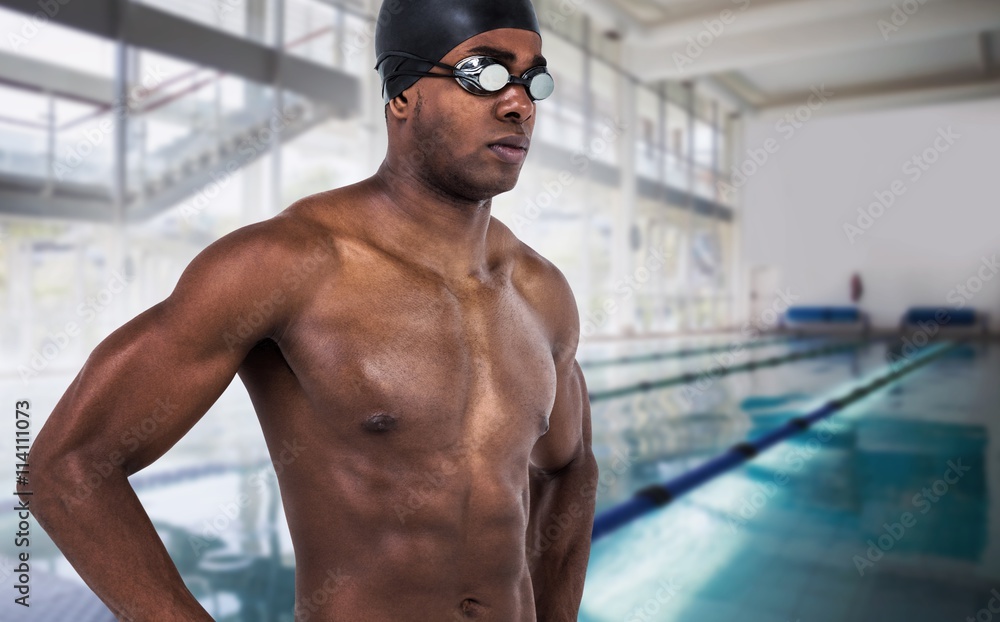 Composite image of swimmer standing with hand on hip