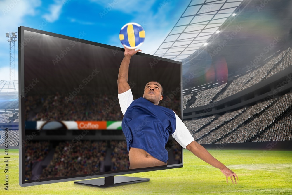 Composite image of sportsman posing while playing volleyball