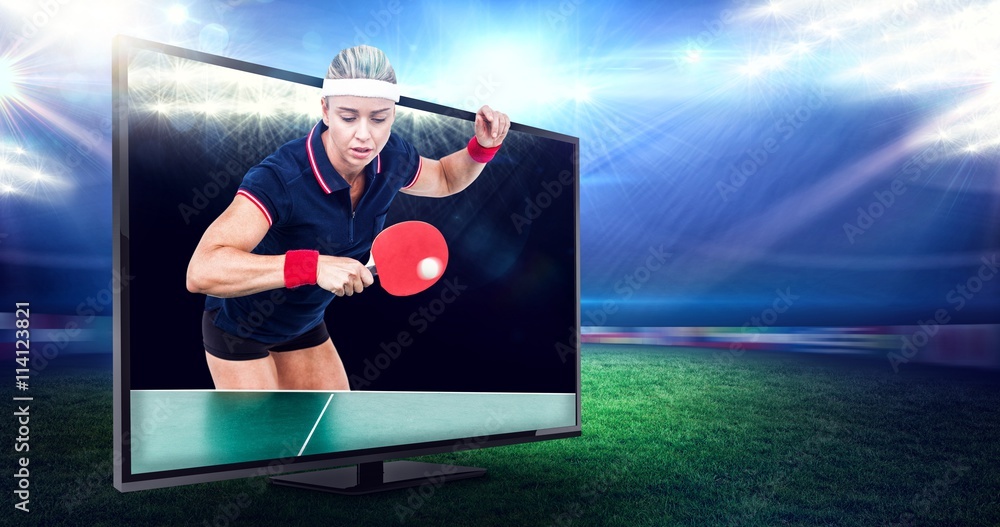 Composite image of female athlete playing ping pong