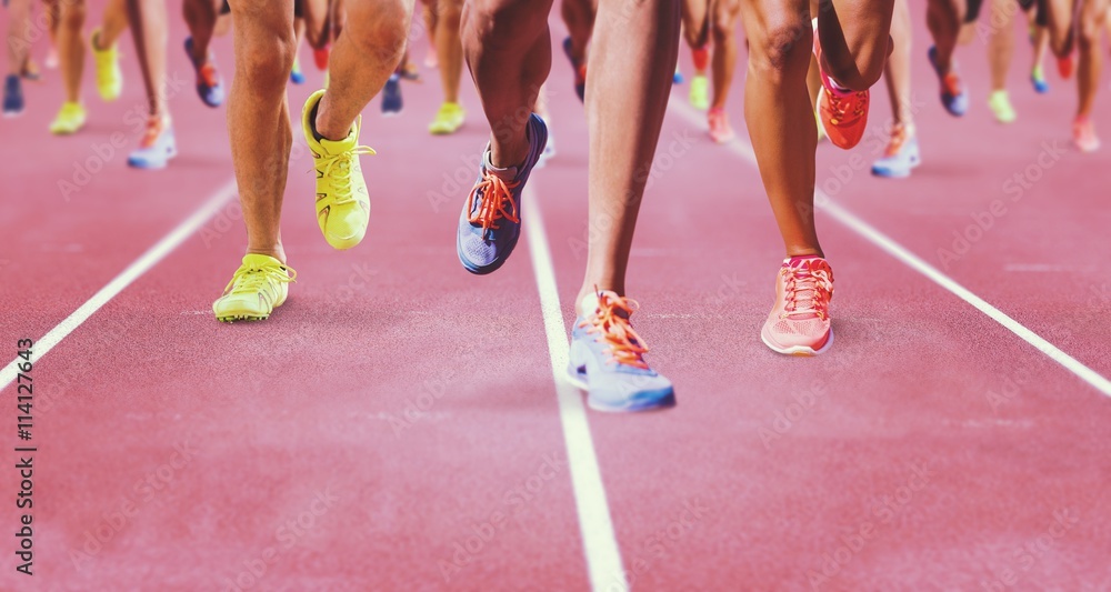 Composite image of close up of sportsman legs running 