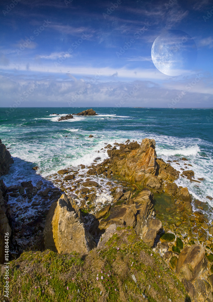 View of distant planet system from cliffs