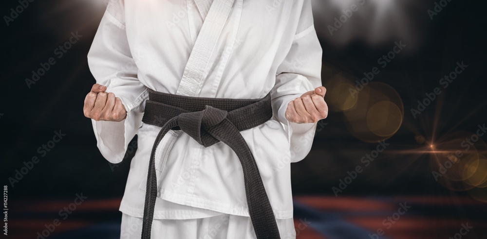 Composite image of female athlete posing in kimono