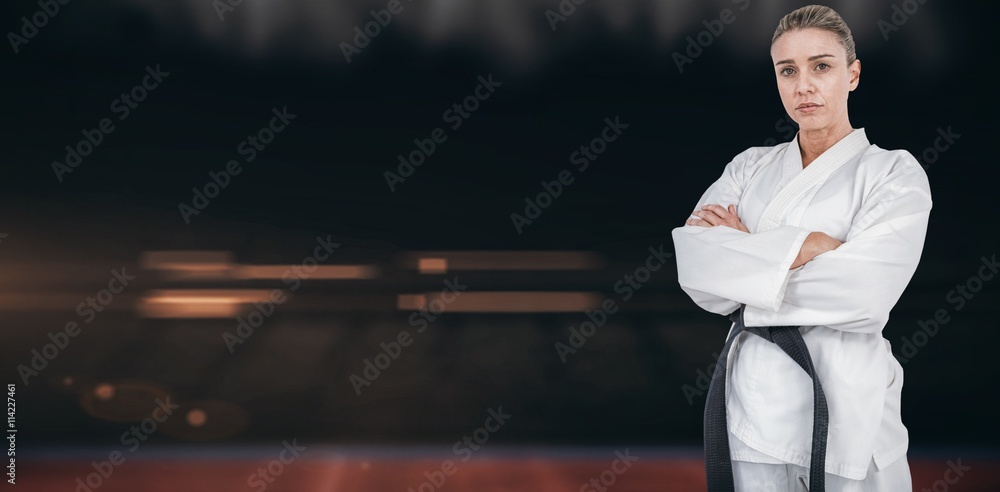 Composite image of female athlete posing in kimono