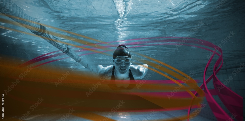 Composite image of athletic swimmer training on her own