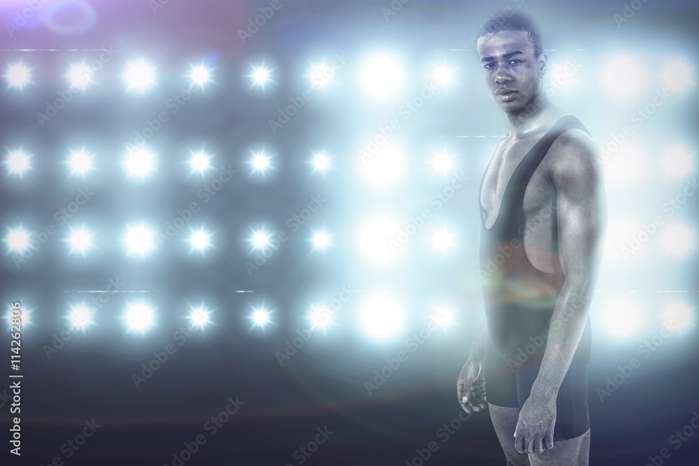 Composite image of athlete standing on white background