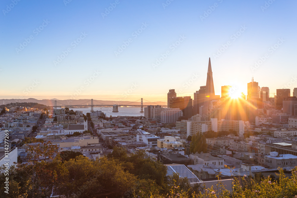 cityscape and skyline of san francisco at sunrise