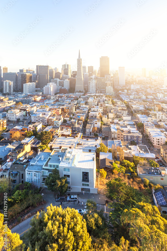 cityscape and skyline of san francisco at sunrise