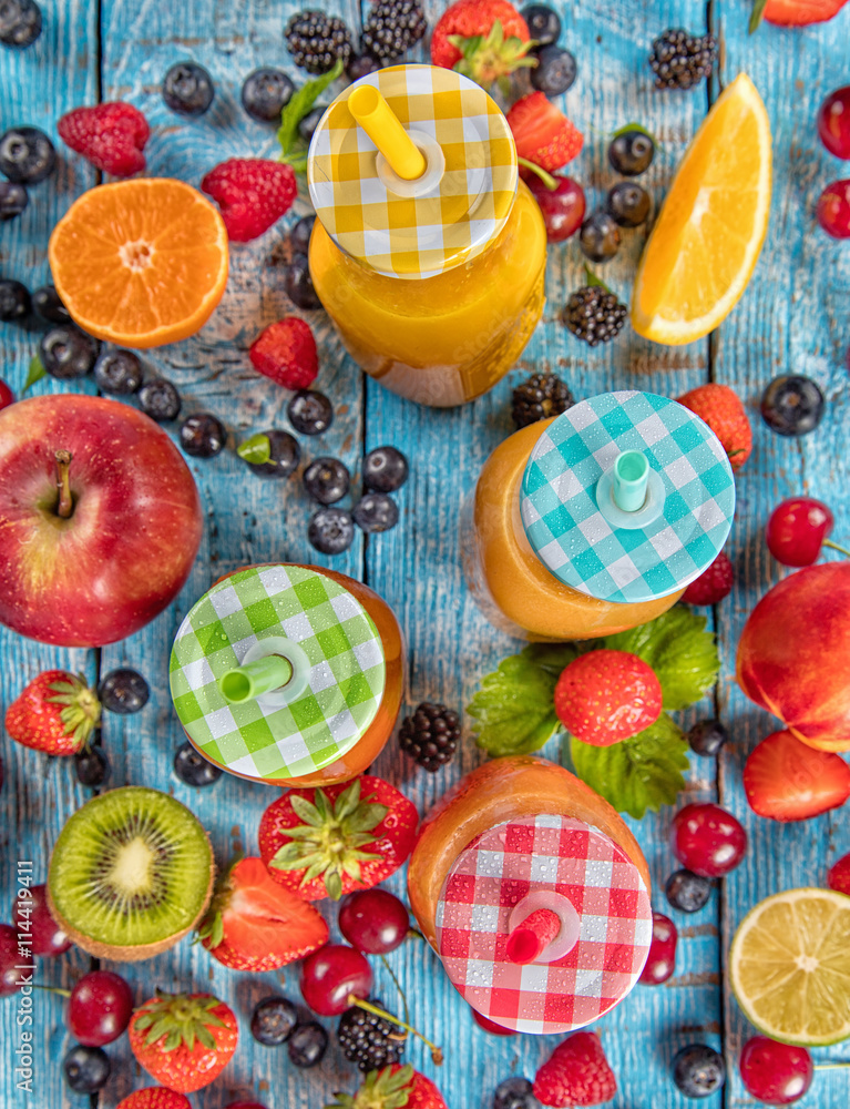 Fresh juice drinks served on wooden table