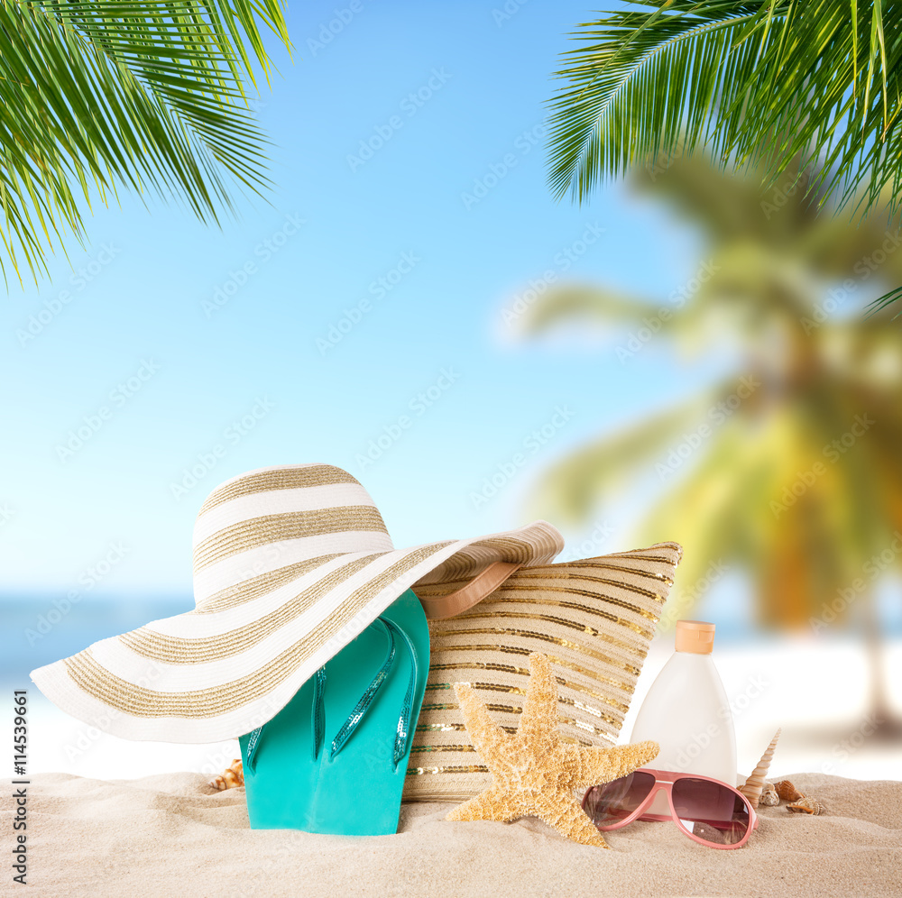 Beach accessories on tropical island