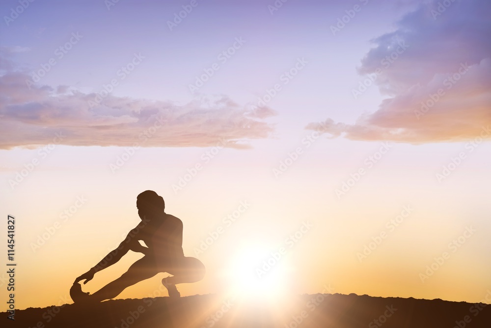 Composite image of female athlete stretching