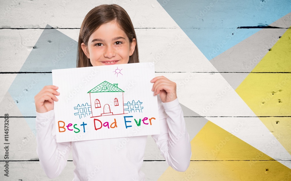 Composite image of cute little girl showing card