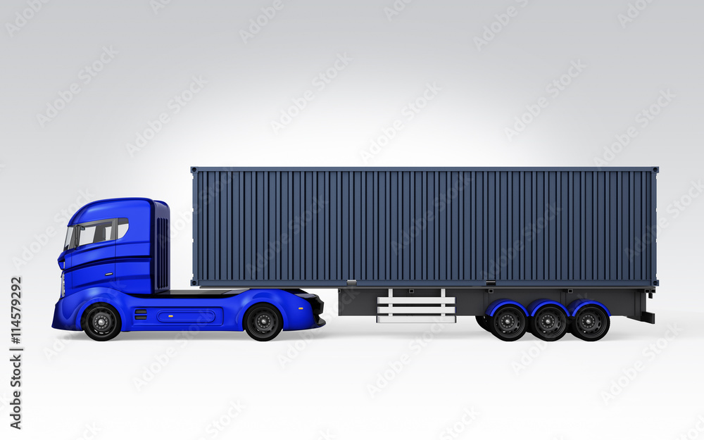 Side view of blue container truck isolated on gray background. 3D rendering image with clipping path