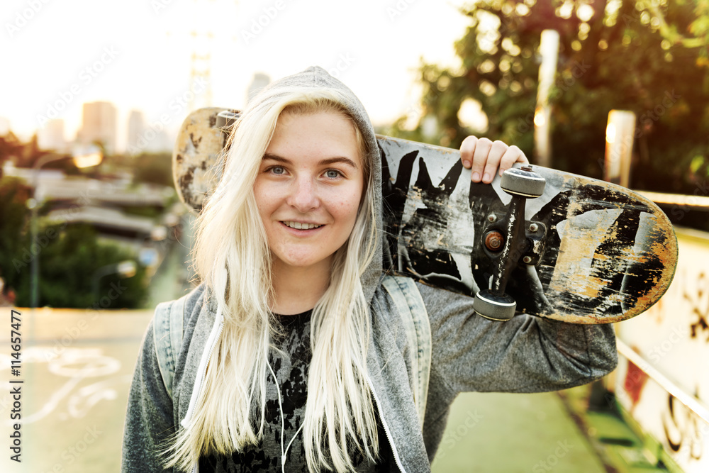 Young Woman Skater Walking Active Concept