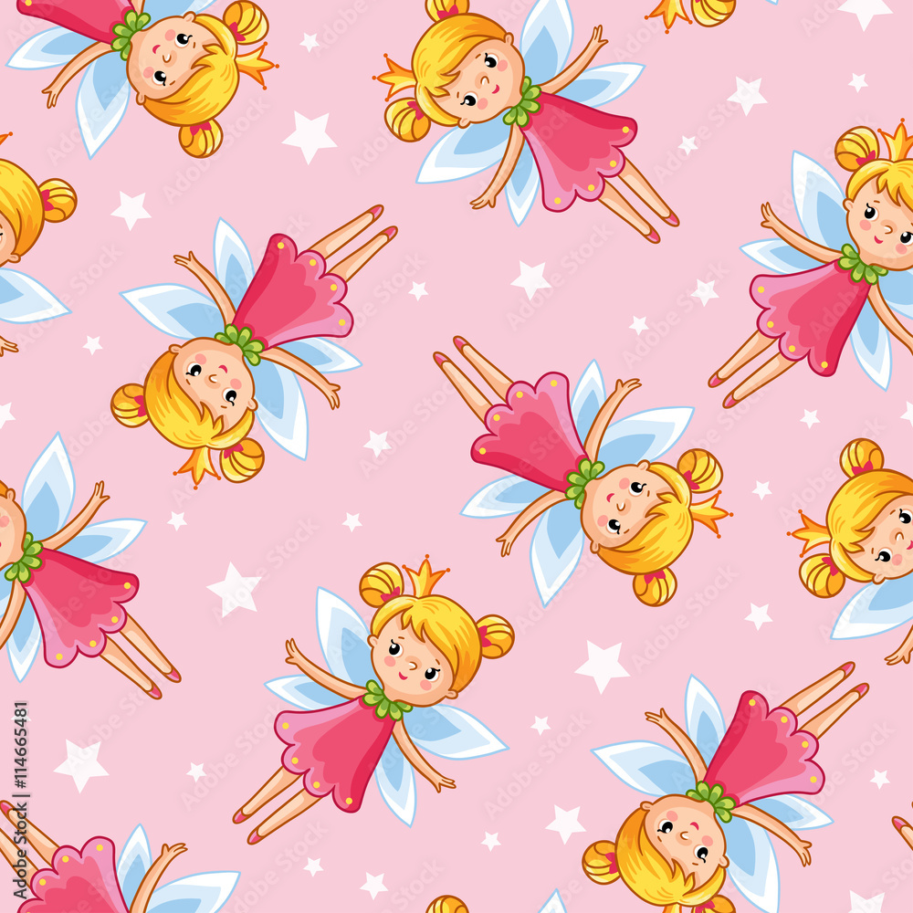 Vector seamless illustration of a young cute little fairy. Wallpaper fairy on a pink background with