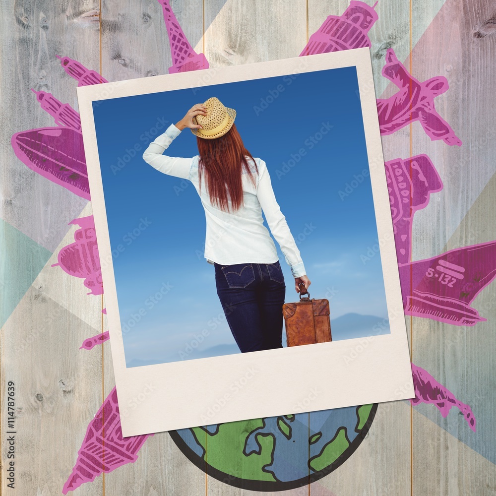 Composite image of rear view of hipster woman holding suitcase