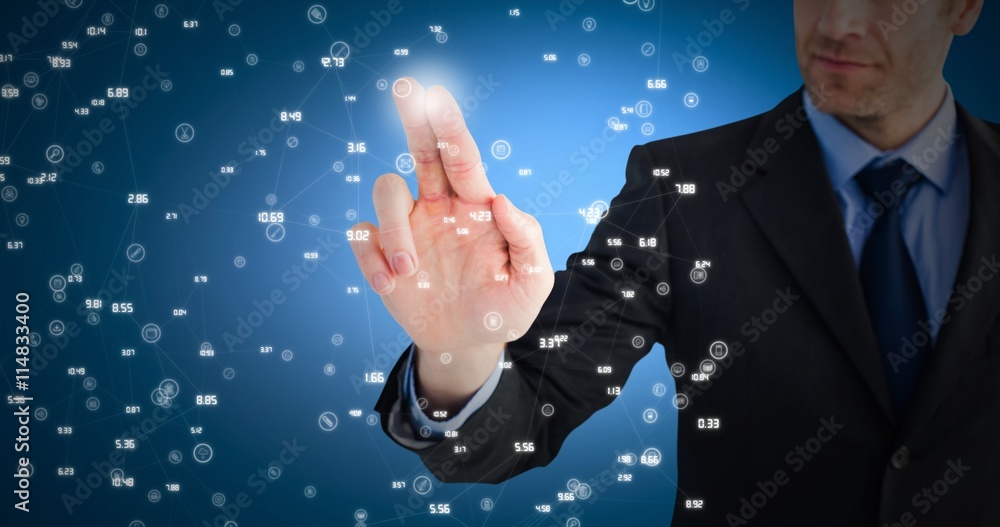 Composite image of businessman pointing these fingers at camera 