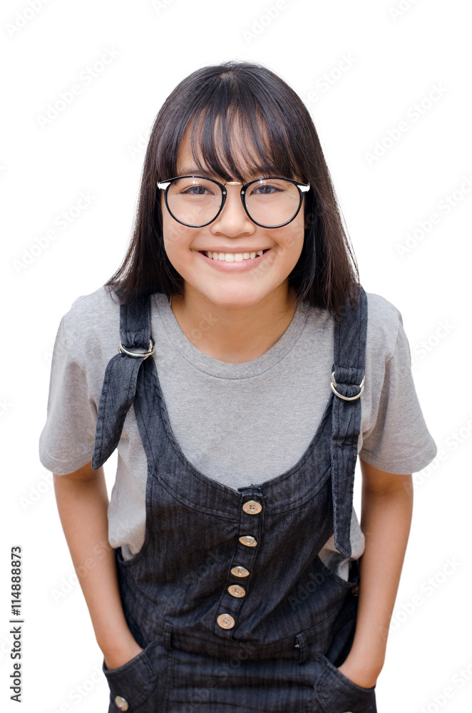 Young asian girl smiles over white background