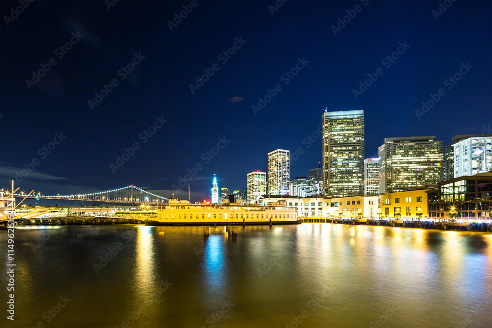 downtown of san francisco near bay bridge at night