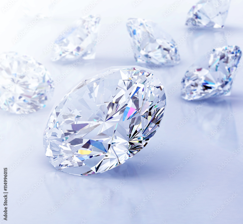 Group of diamonds placed on white background soft focus, 3D illustration.