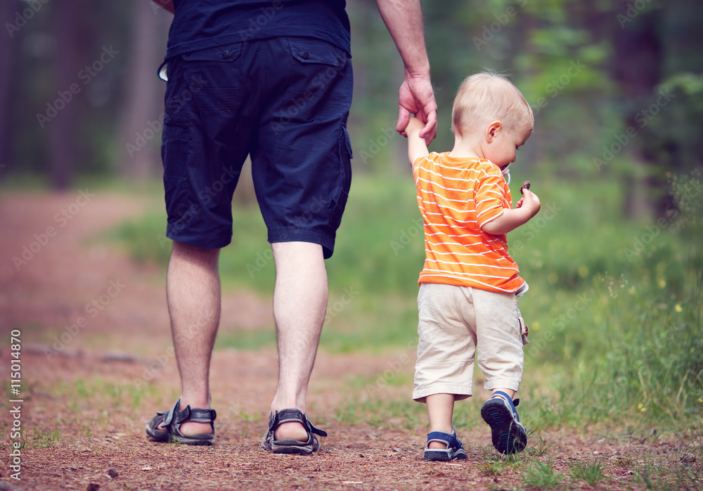 Father and son walking in the forest